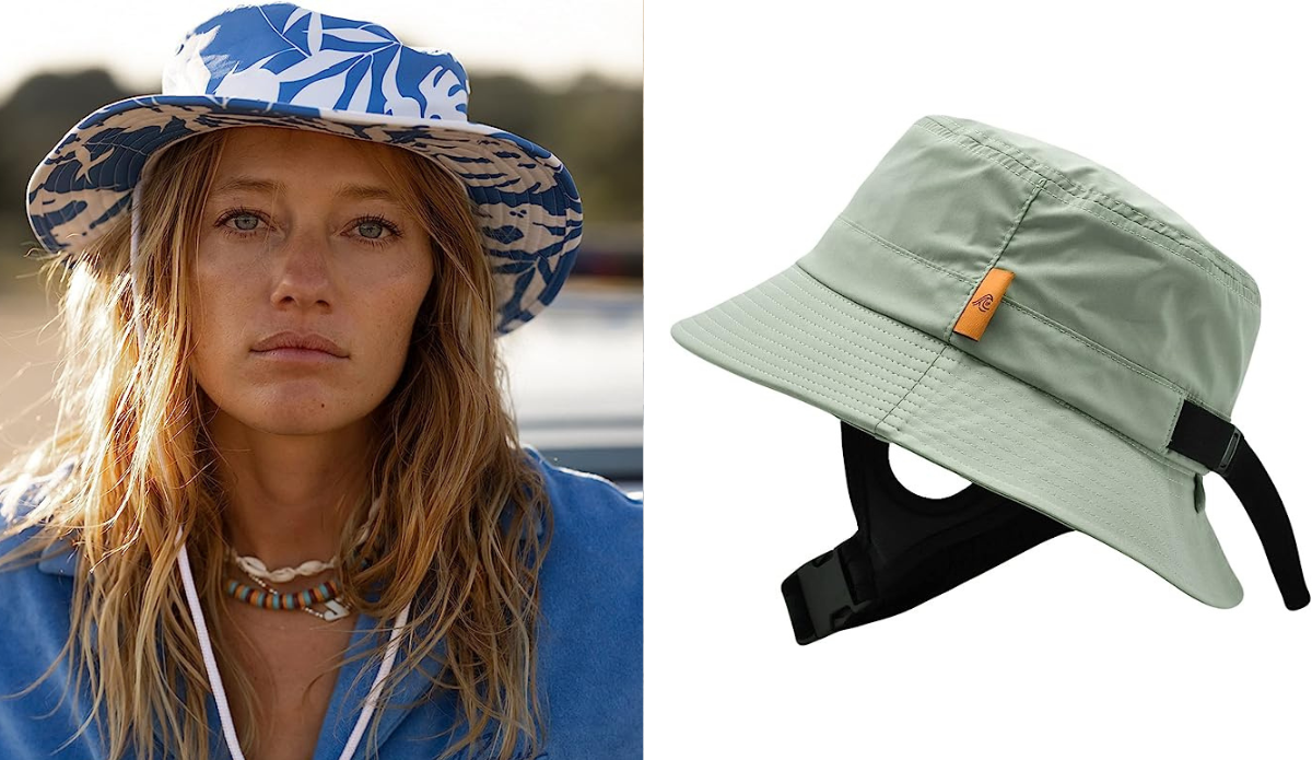 A women wearing a floral surf hat and a green bucket surf hat.